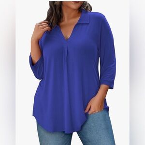 Relaxed V-Neck Collar Tunic Top - Royal Blue - 2XL
